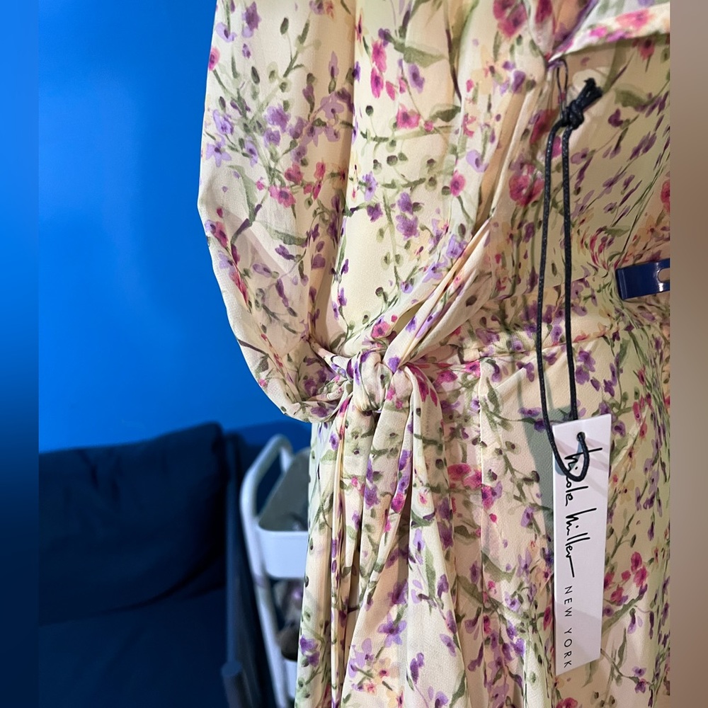 NWT $150 Nicole Miller NY Floral Faux Wrap Dress | Yellow Bright Classic Dress - Picture 6 of 14